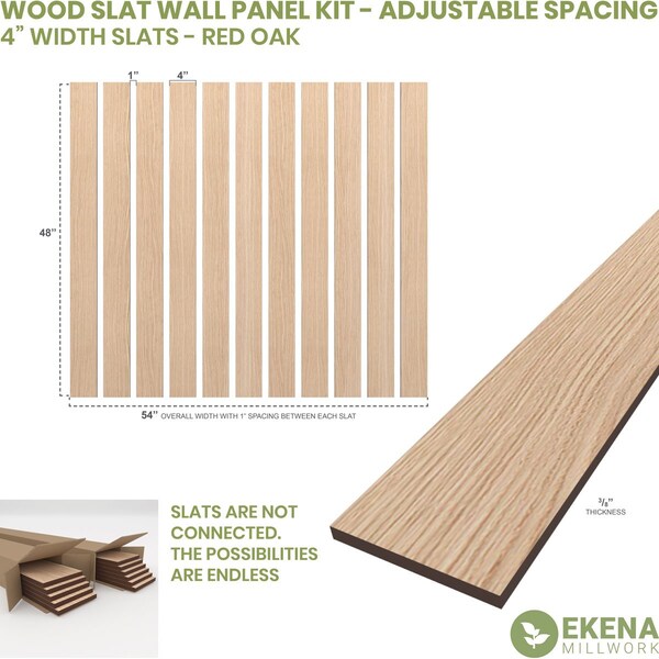 48H X 3/8T Adjustable Wood Slat Wall Panel Kit W/ 4W Slats, Red Oak Contains 11 Slats